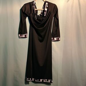 Black Cowl Neck Midi Dress with Greek Key Trim – Elegant 3/4 Sleeve Bodycon